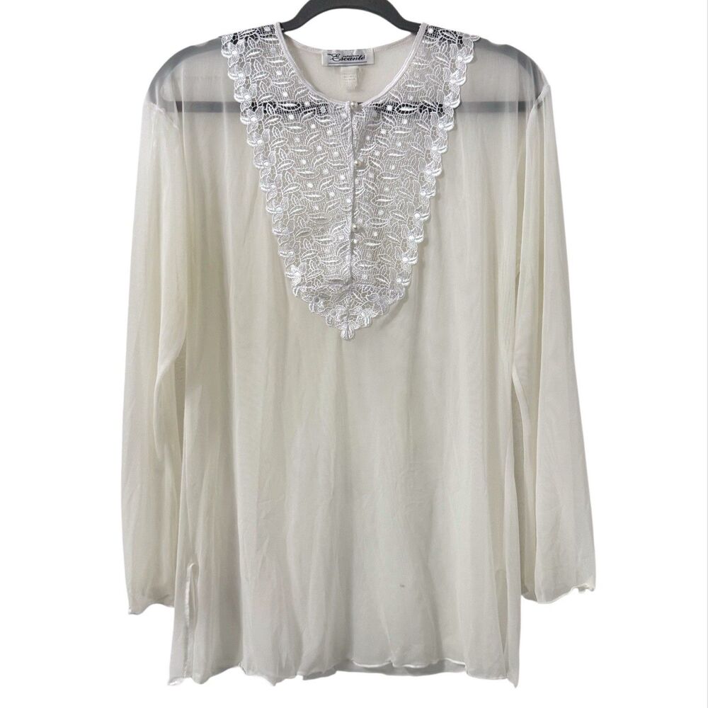 Vintage Escante Lingerie White Lace Button Ruffle Sleeve‎ Medium Sheer Ethereal